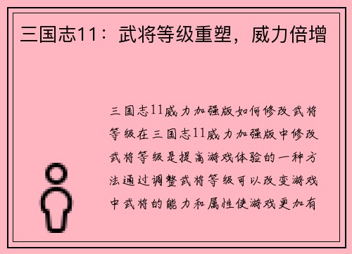 三国志11：武将等级重塑，威力倍增