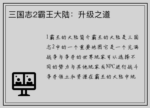 三国志2霸王大陆：升级之道