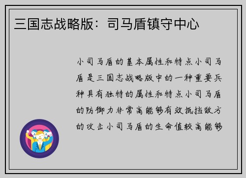 三国志战略版：司马盾镇守中心