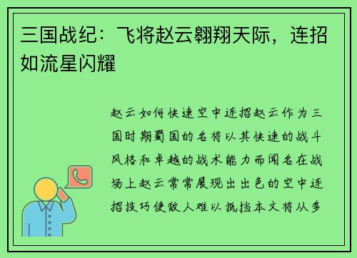 三国战纪：飞将赵云翱翔天际，连招如流星闪耀